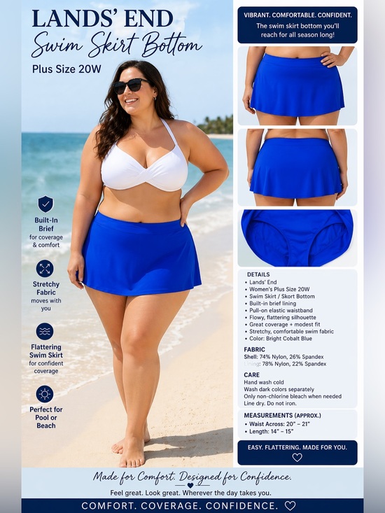 Lands' End Other - Lands' End 20W Skirted Swim Suit Bottom blue vacation beach pool plus size easy